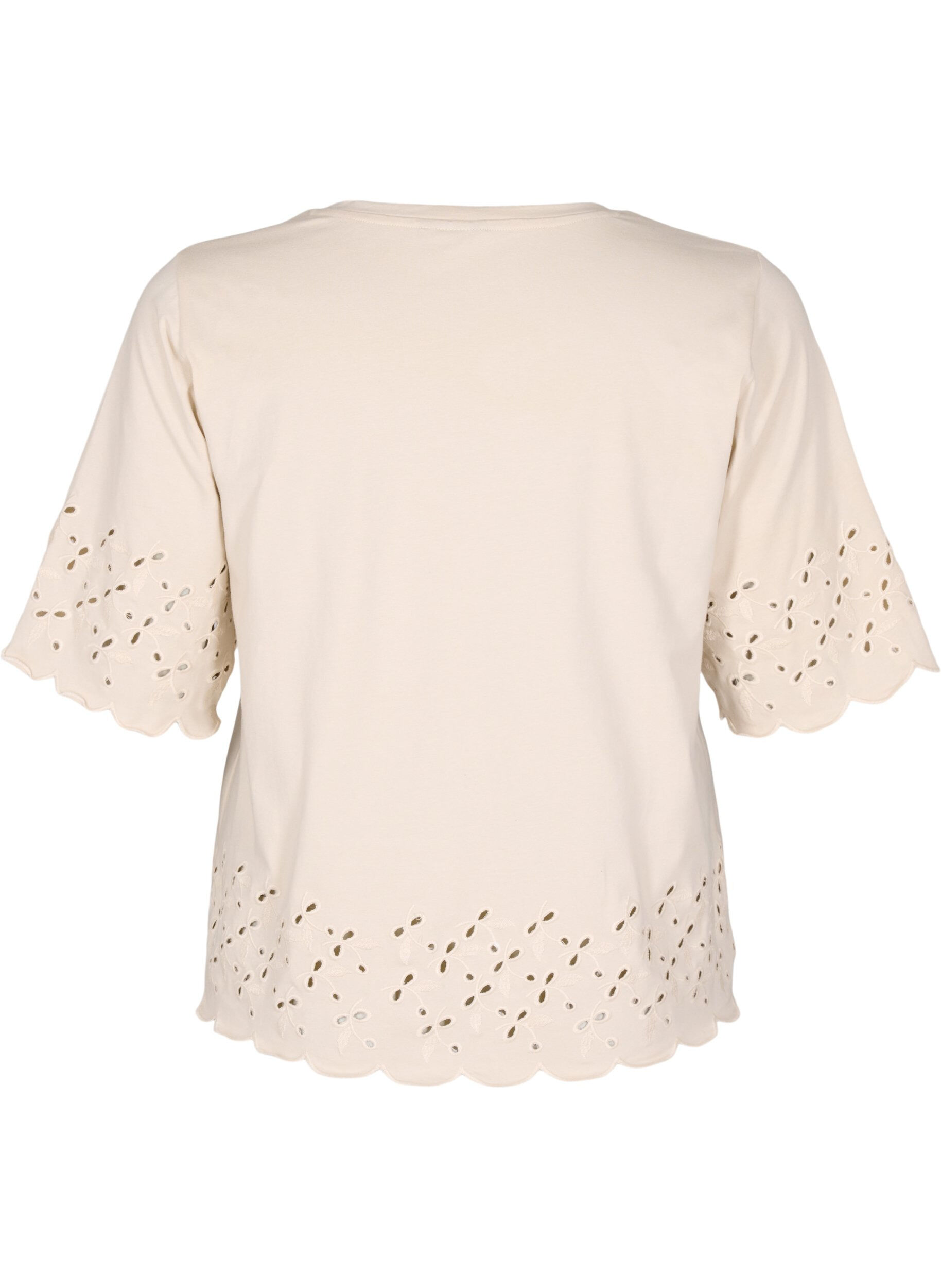 Zizzi T-shirt avec broderie anglaise et bords &eacute;chancr&eacute;s, Beige, Packshot image number 1