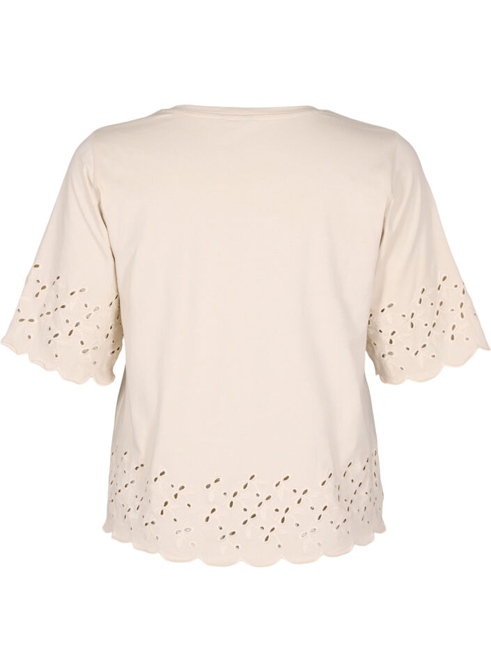 T-shirt avec broderie anglaise et bords &eacute;chancr&eacute;s, Beige, Packshot image number 1