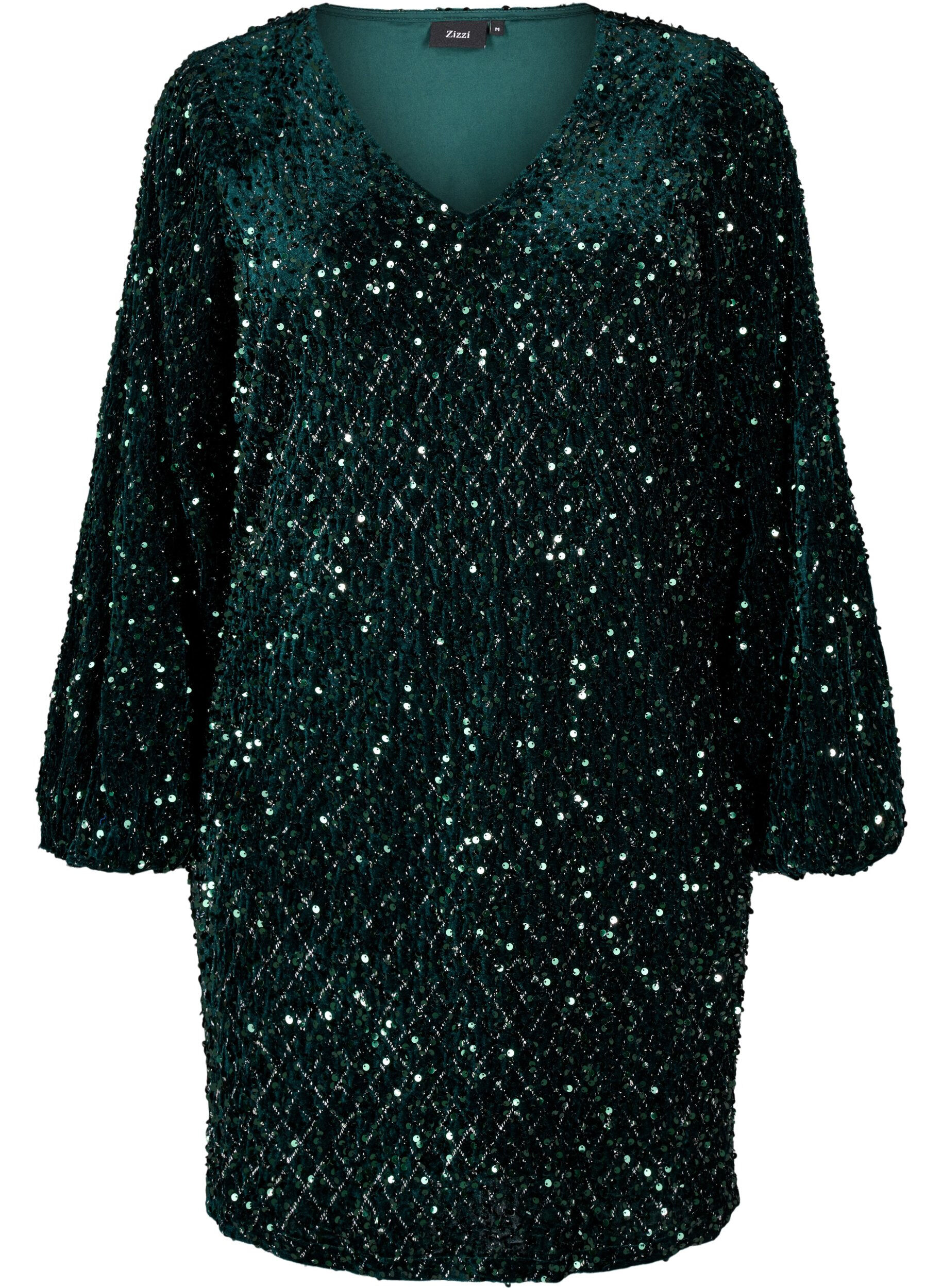 Zizzi Robe &agrave; paillettes avec un d&eacute;collet&eacute; en V et un motif carreaux, Rain Forest Sequins, Packshot image number 0