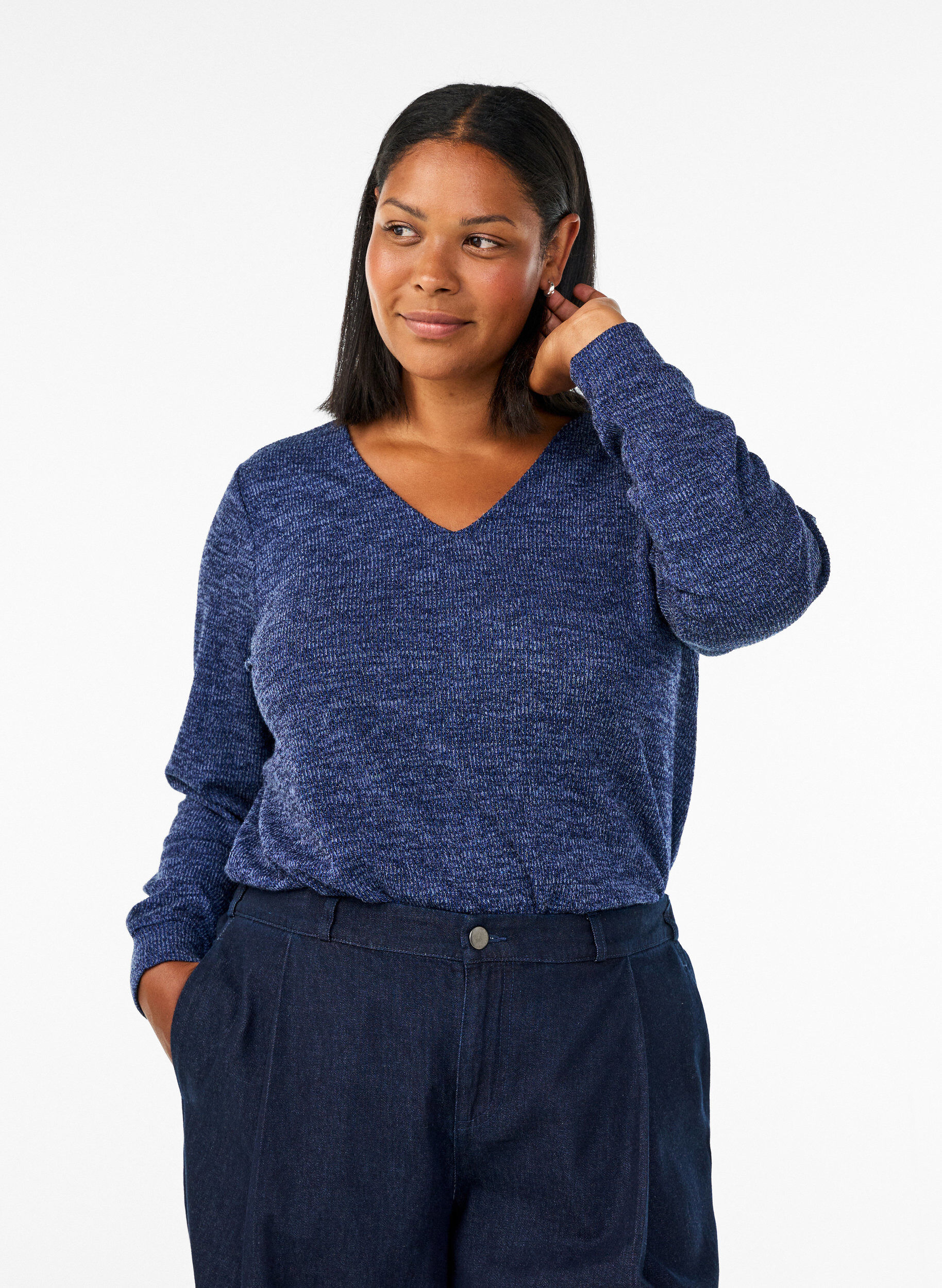 ZizziJersey blouse met V-hals en lange mouwen, Blauw, Model image number 0