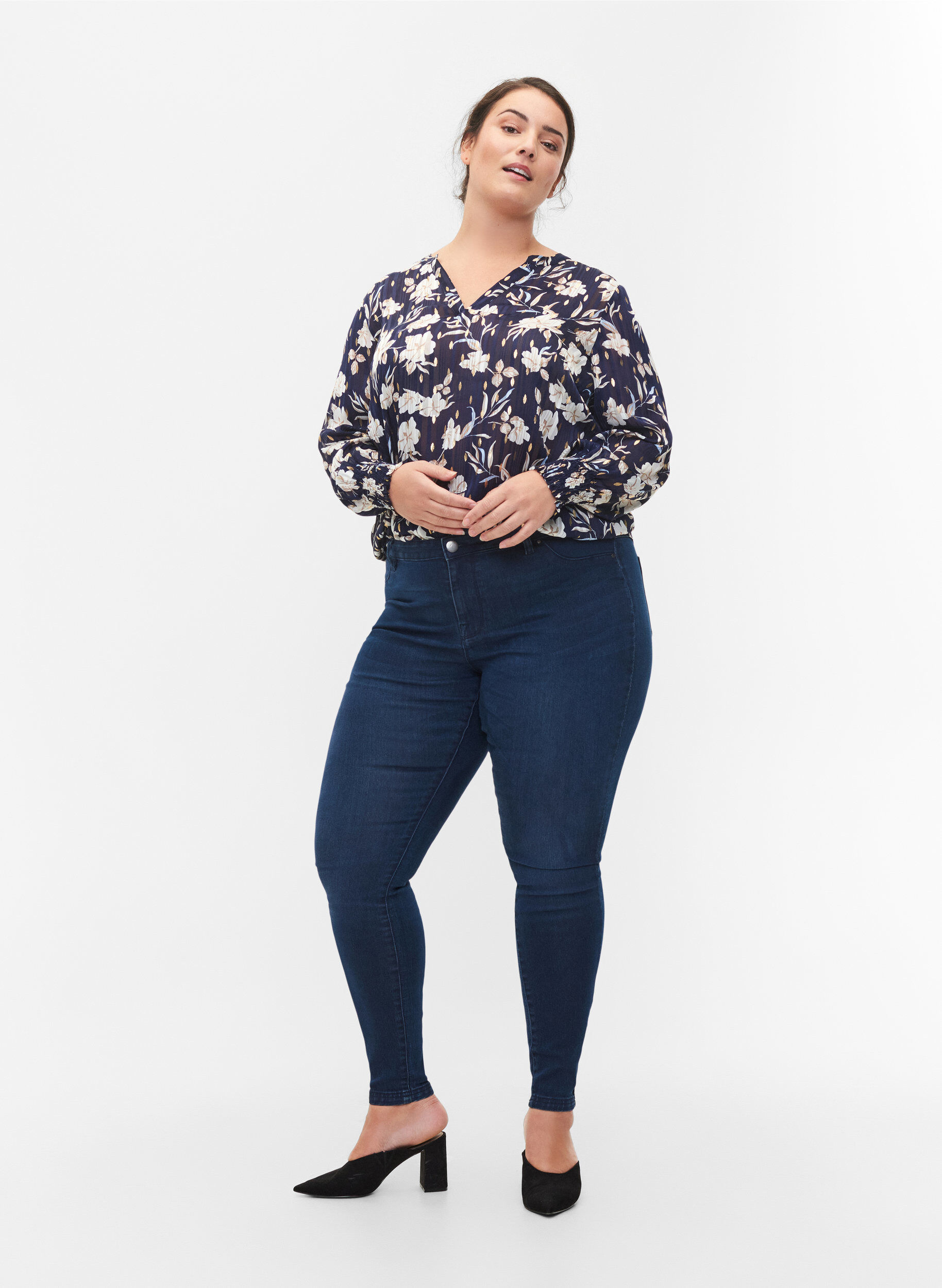 Jeggings en coton m&eacute;lang&eacute;, Dark blue denim, Model