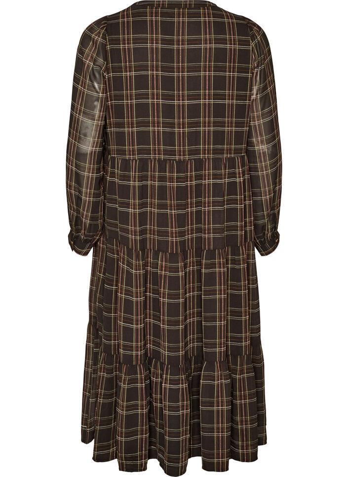 Gecontroleerde midi-jurk met een rok in lagen, Bruin, Packshot image number 1