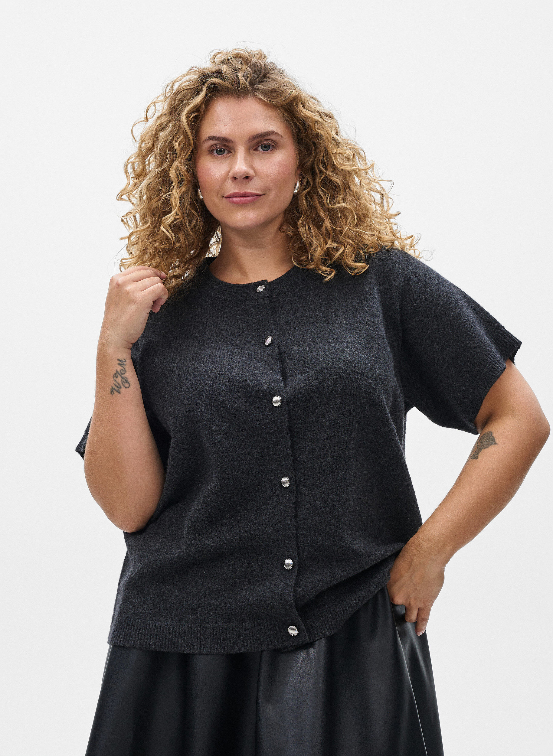  Cardigan en tricots &agrave; manches courtes, Gris anthracite, Model