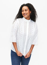 Chemise en coton avec un motif à trous, Bright White, Model