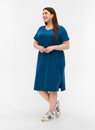 Katoenen jurk met korte mouwen en split, Majolica Blue, Model image number 2