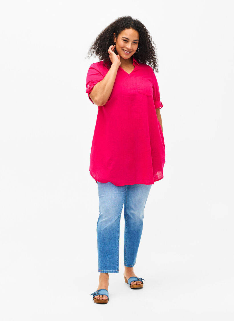 Tunique à manches courtes en coton mélangé avec du lin, Bright Rose, Model image number 2