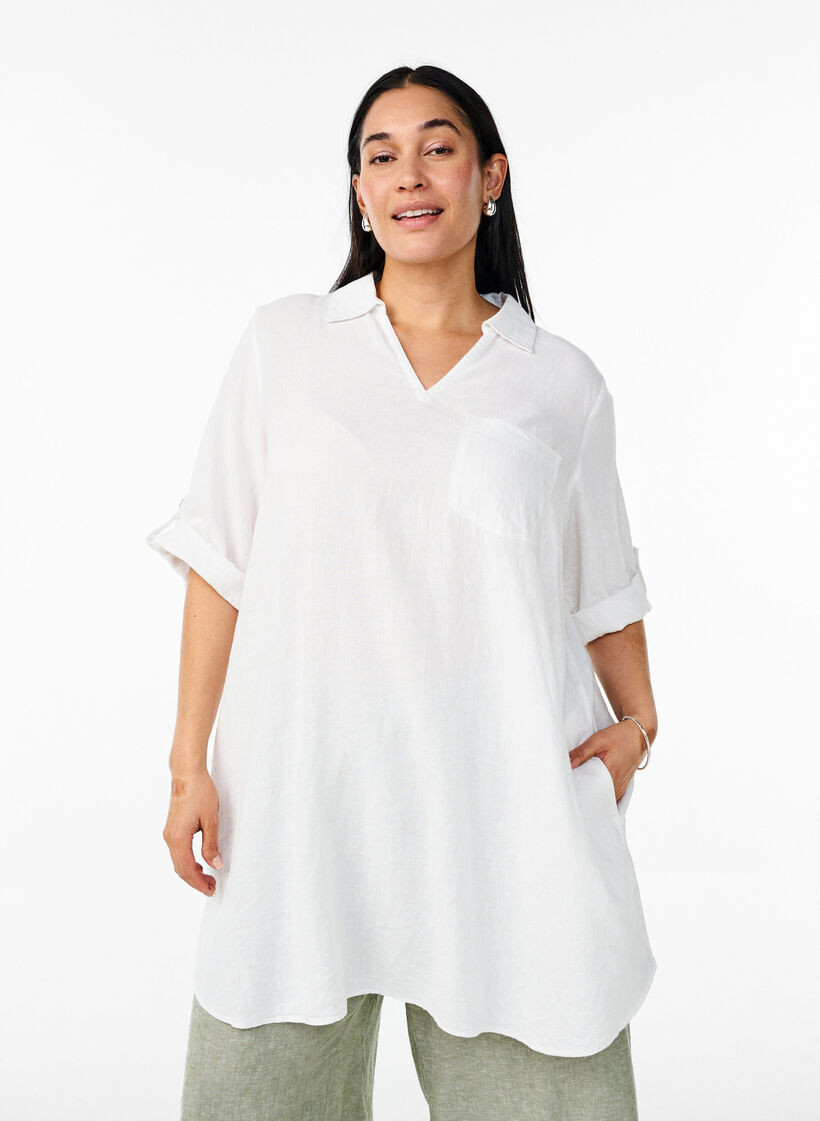 Tuniek van linnen en viscose met A-vorm, Wit, Model image number 0
