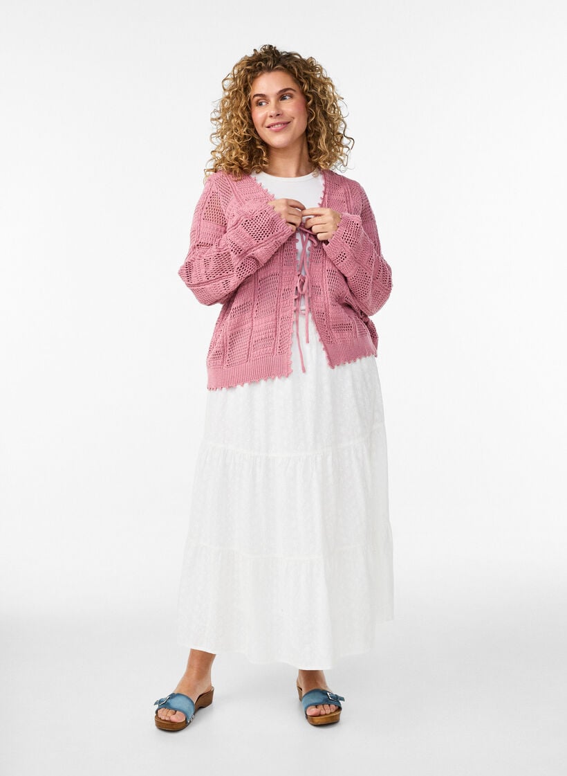 Cardigan en maille avec liens et motifs ajour&eacute;s, Rose, Model image number 1