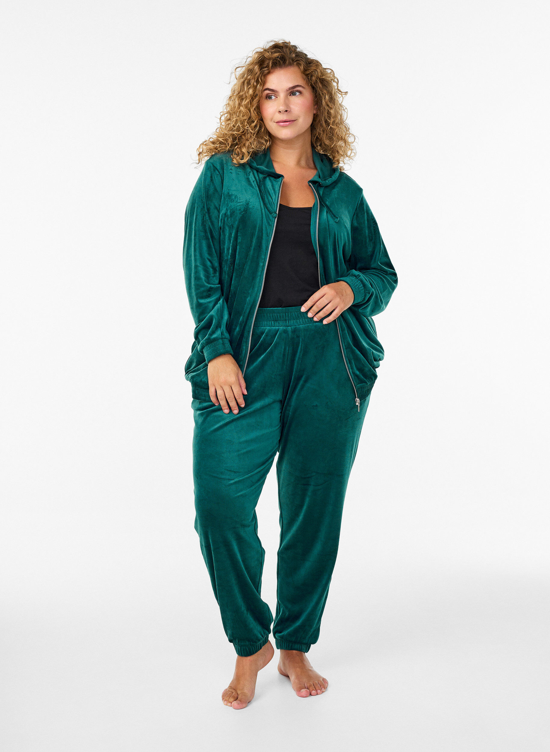 ZizziVelours cardigan met ritssluiting en capuchon, Groen, Model image number 1