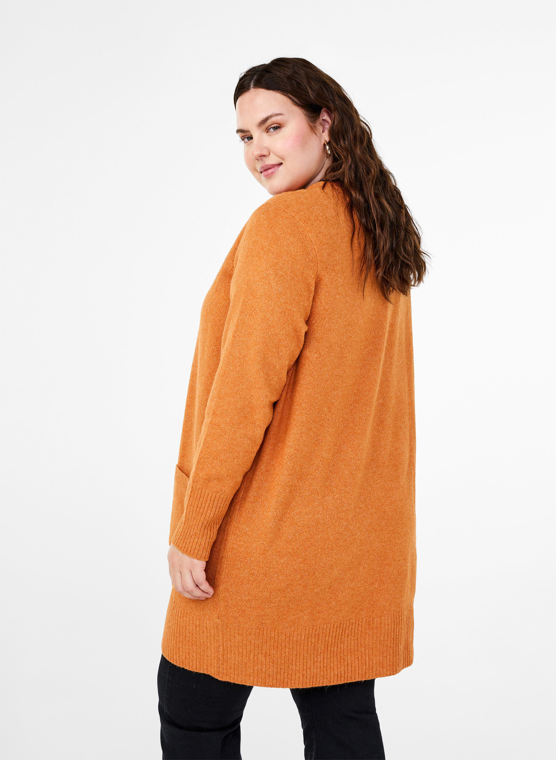 Zizzi Cardigan en tricot c&ocirc;tel&eacute; avec poches, Orange fonc&eacute;, Model image number 2
