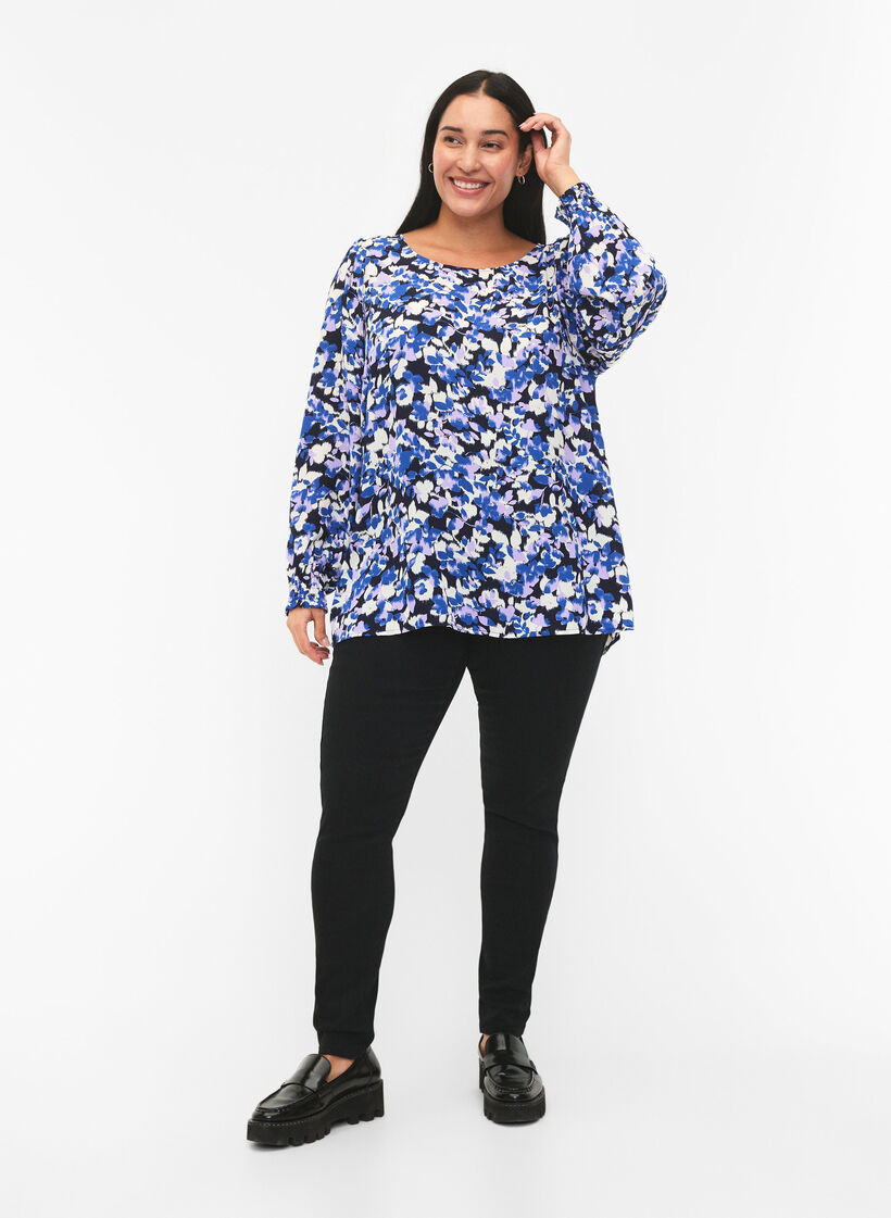 FLASH - Blouse met lange mouwen, smok en print, Blue Purple Flower, Model image number 2