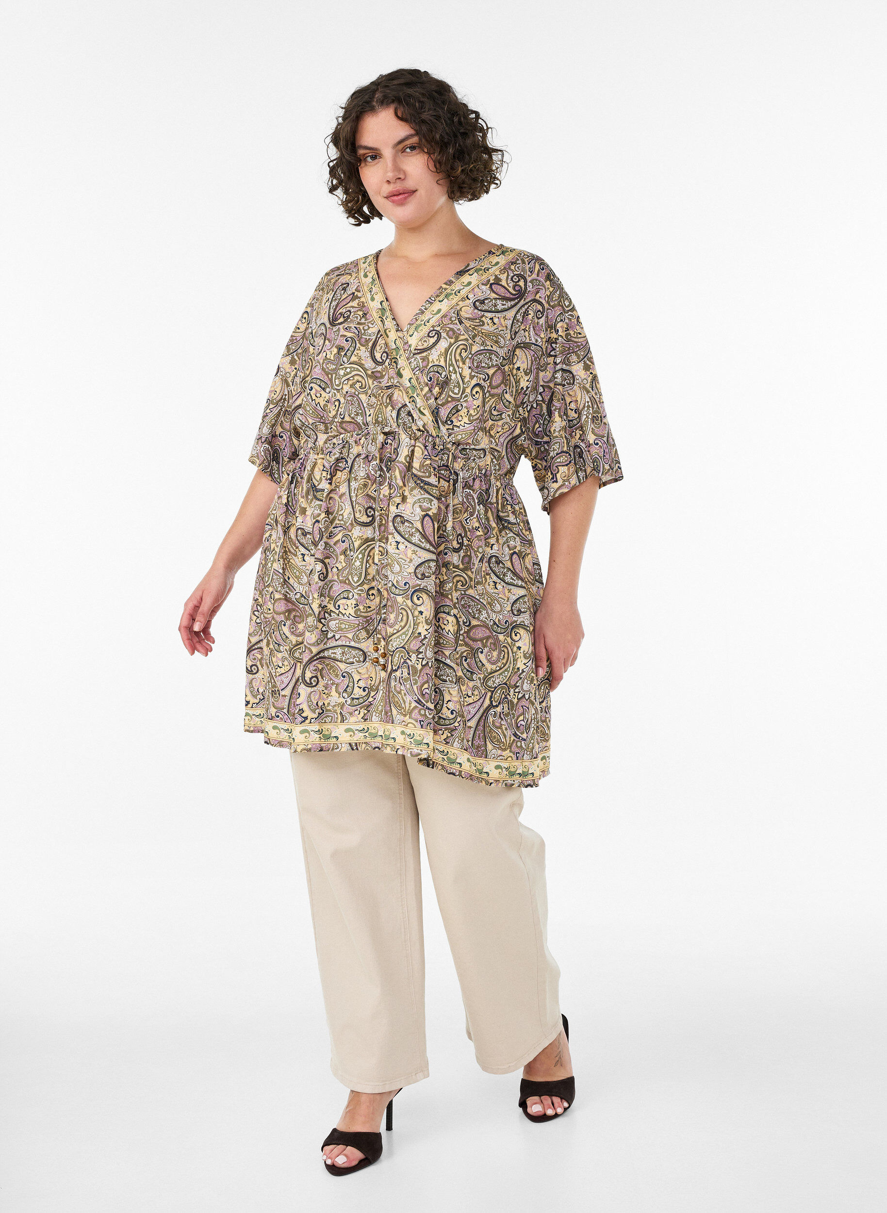 ZizziTunique en viscose &agrave; imprim&eacute; cachemire et lien &agrave; nouer, Jaune, Model image number 1