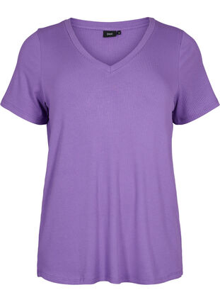 T-shirt en viscose côtelé avec col en V, Deep Lavender, Packshot image number 0