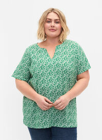 T-shirt en coton à fleurs avec col en V, Jolly Green AOP, Model
