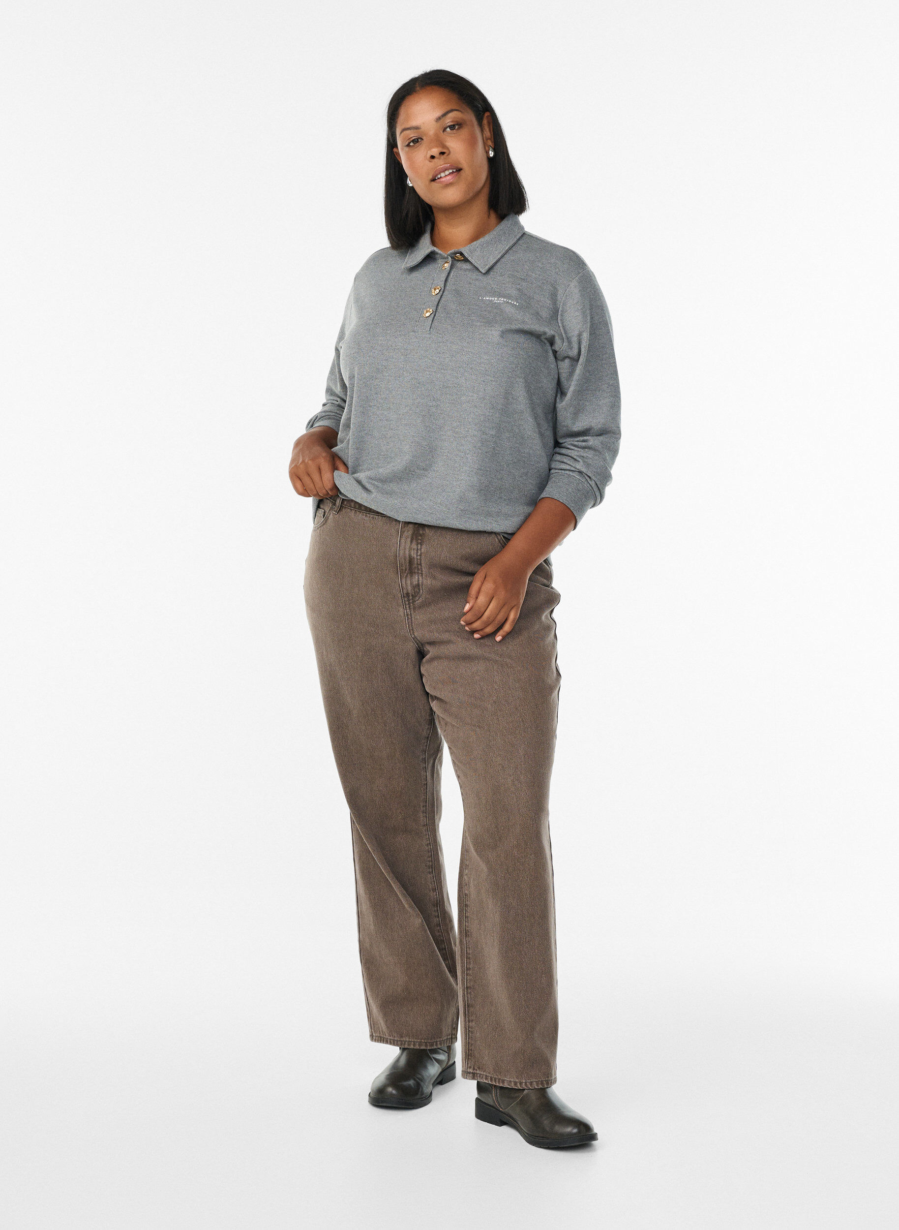 ZizziPolo met lange mouwen met decoratieve knopen, Grijs, Model image number 1