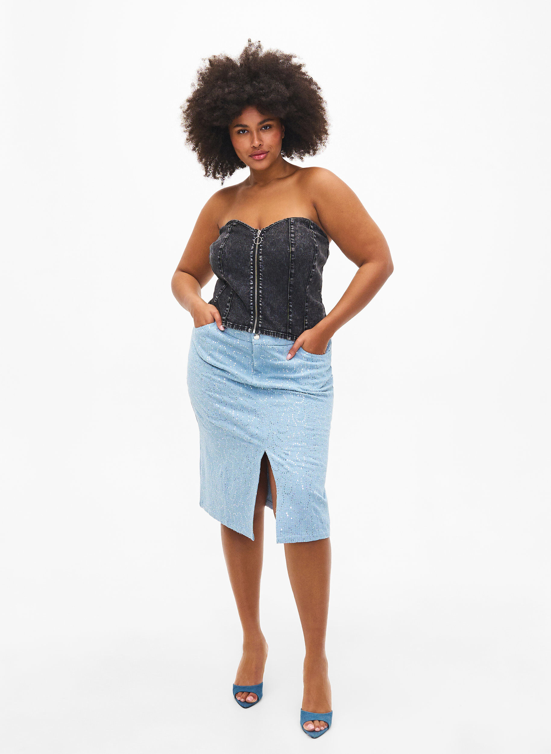 Zizzi Top corset en denim avec fermeture &eacute;clair, Black, Model image number 2