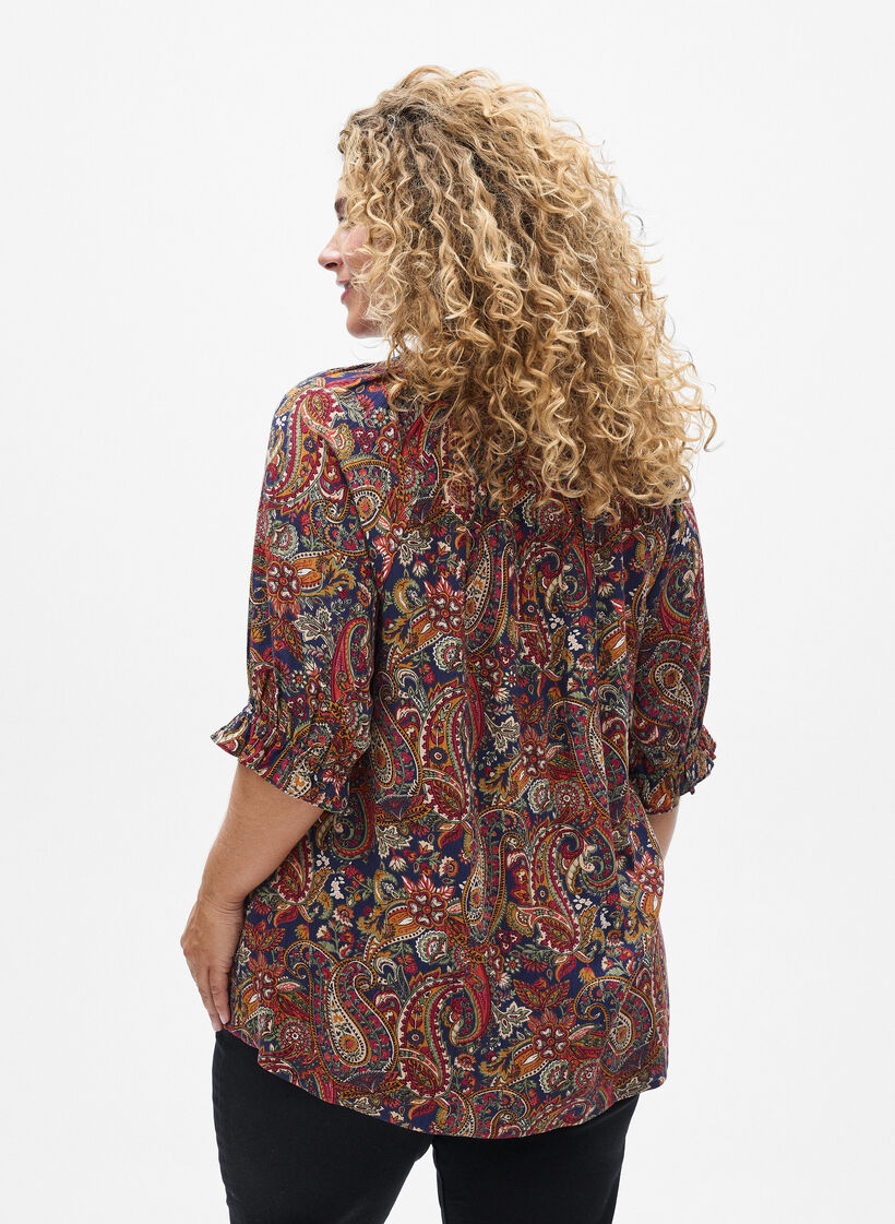 Blouse en viscose &agrave; imprim&eacute; paisley et manches coudes, Bleu, Model image number 2