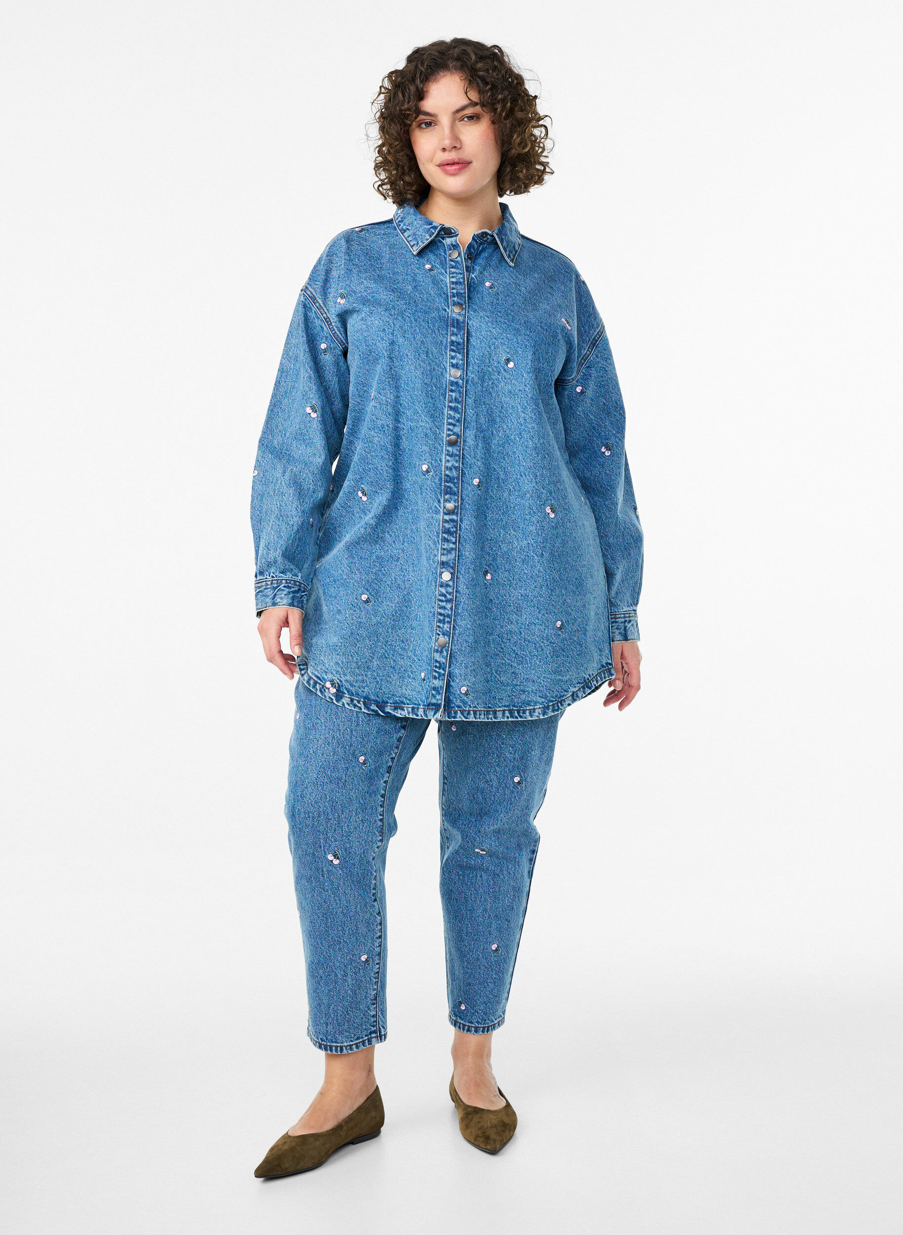 ZizziDenim overhemd met geborduurde motieven, Blauw, Model image number 1