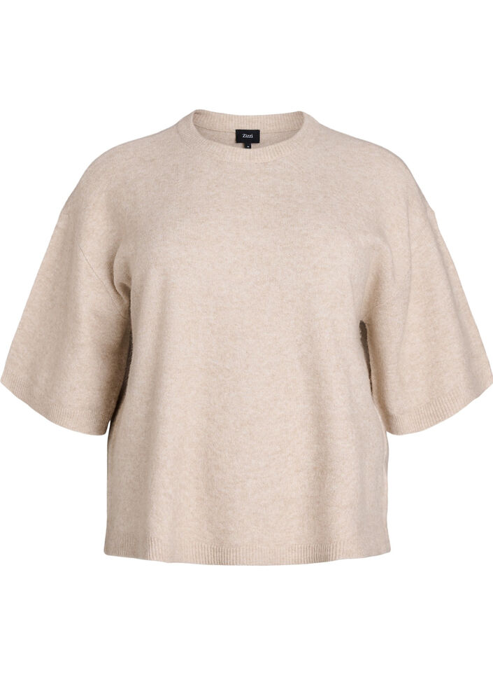 Chemisier tricot&eacute; ample &agrave; manches courtes, Beige, Packshot image number 0