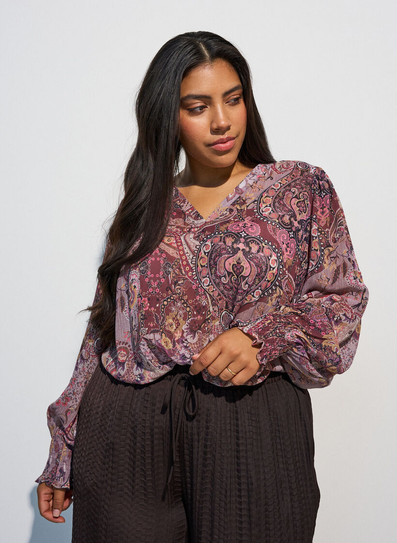 Tunique &agrave; imprim&eacute; cachemire et poignets smock&eacute;s, Rose, Model image number 0
