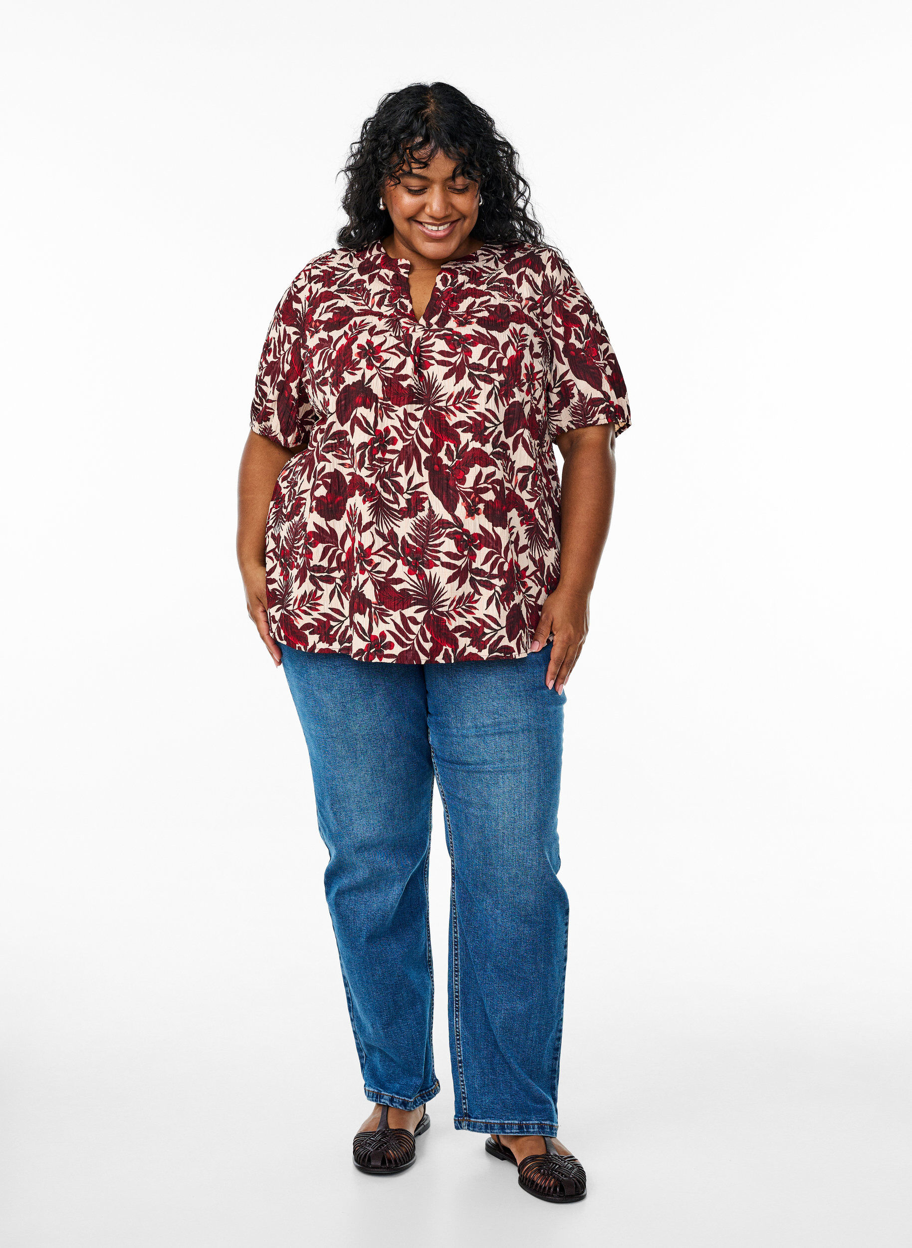 ZizziBloemenblouse met korte mouwen, Rood, Model image number 1