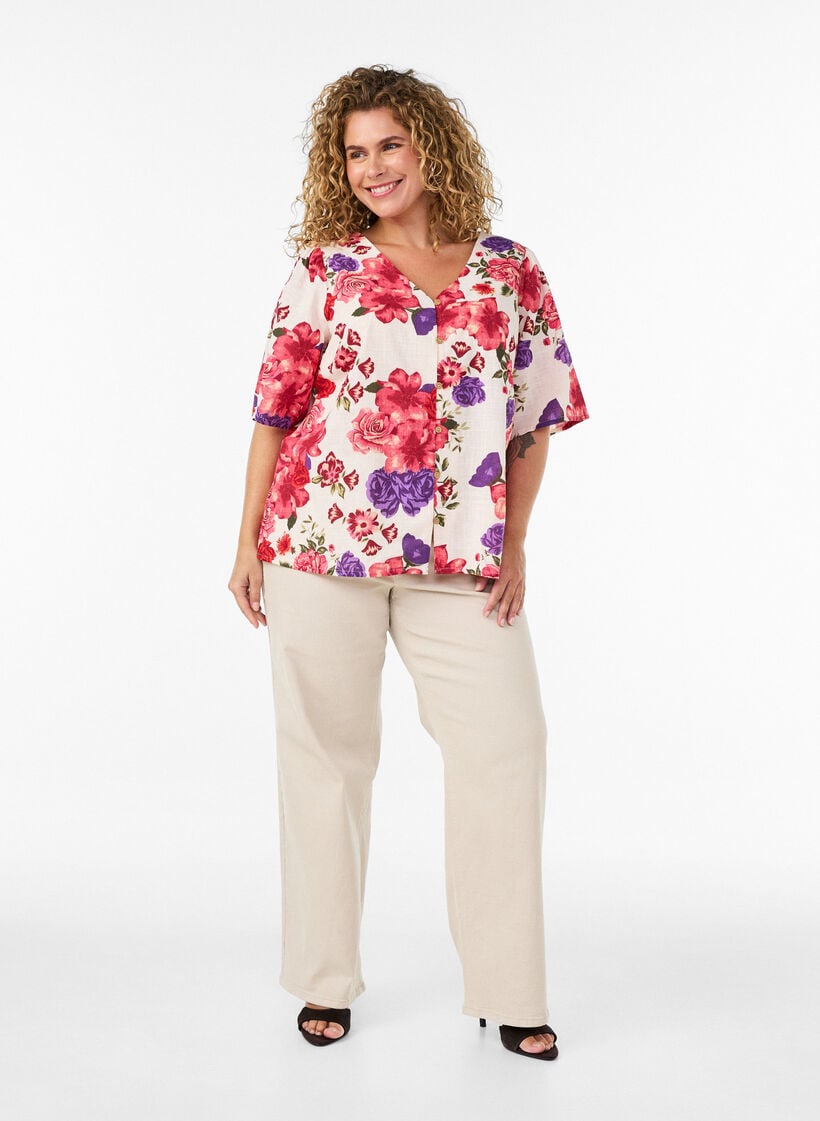 Chemise en coton &agrave; manches courtes avec col V, Rouge, Model image number 1
