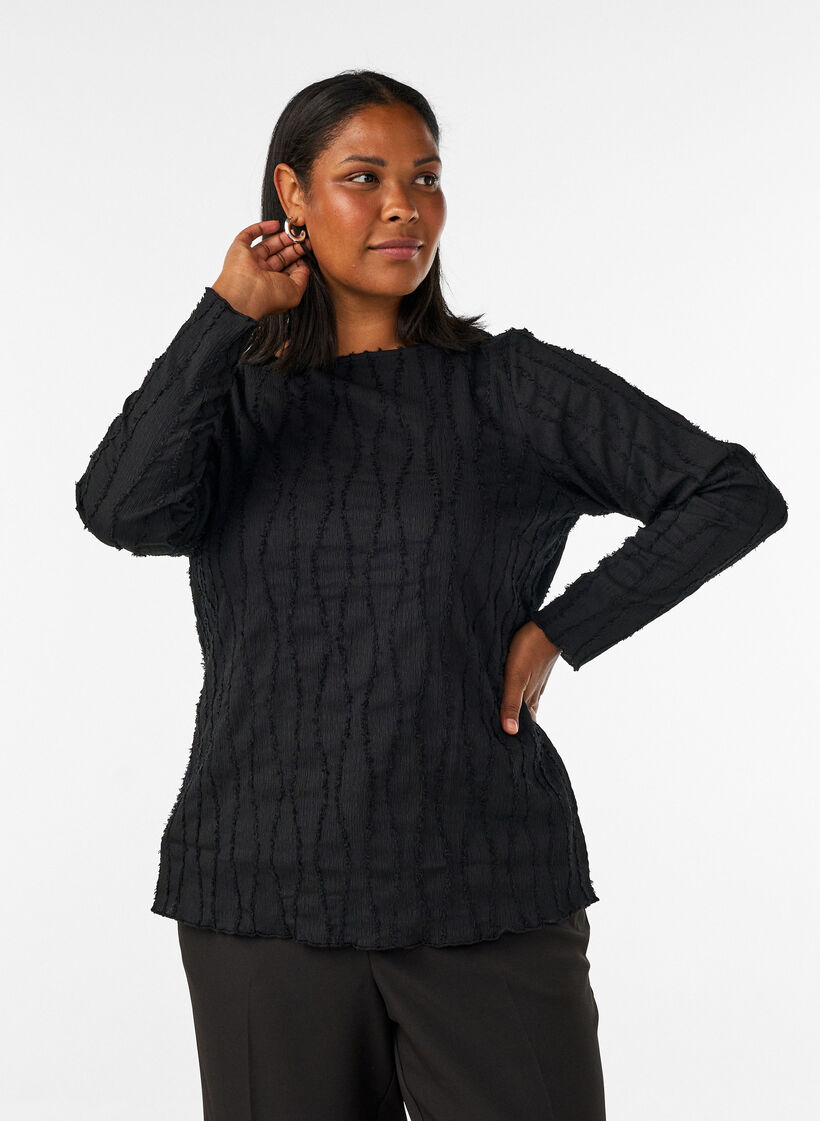 Blouse en jersey ondul&eacute;, Noir, Model image number 0