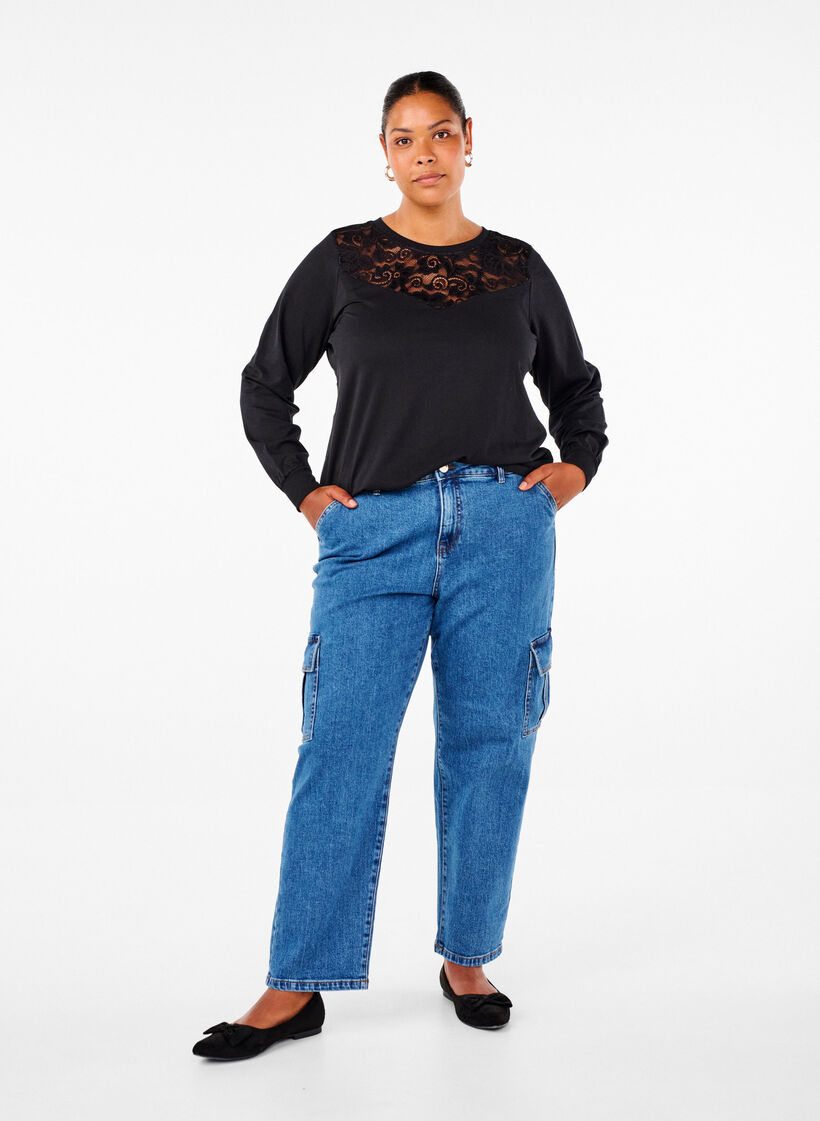 Sweatshirt met kanten details, Black, Model image number 2