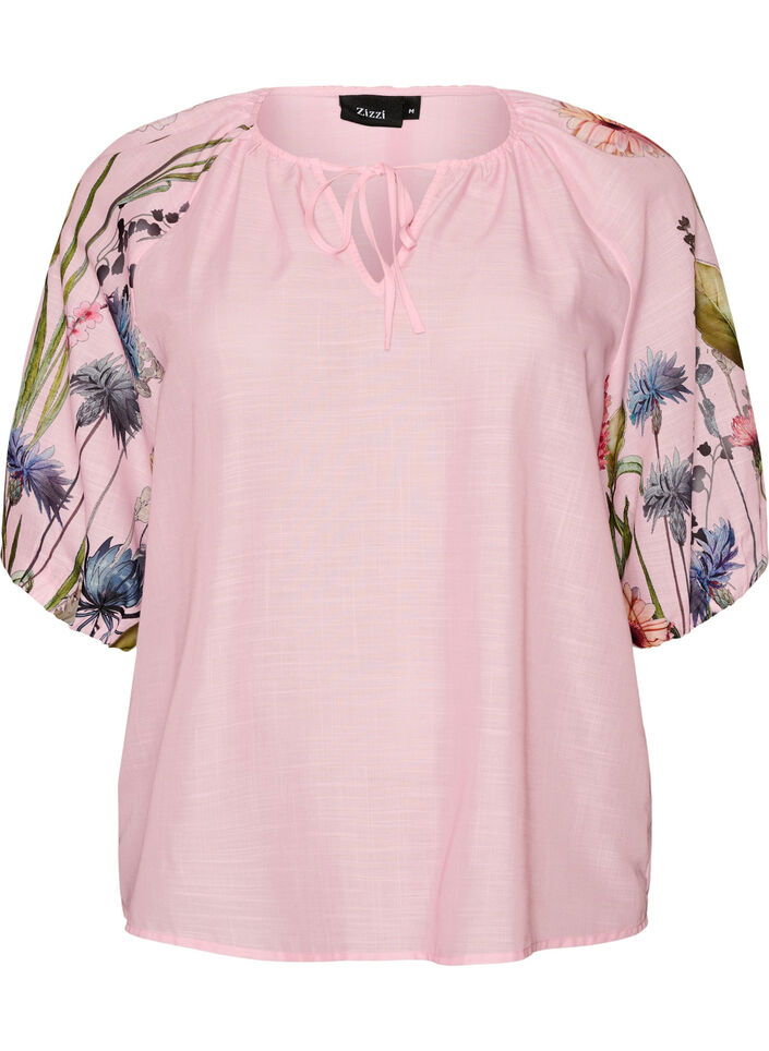 Blouse met bloemenprint mouwen en strikdetail, Roze, Packshot image number 0