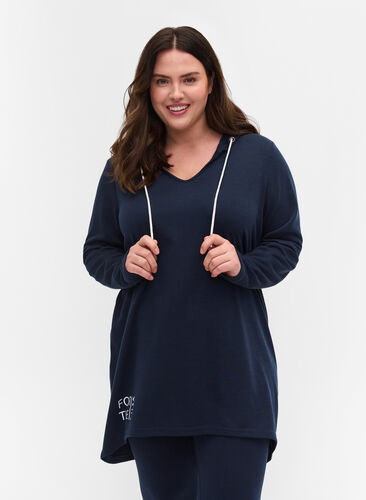 Lang sweatshirt met v-hals en capuchon, Dark Sapphire, Model image number 0