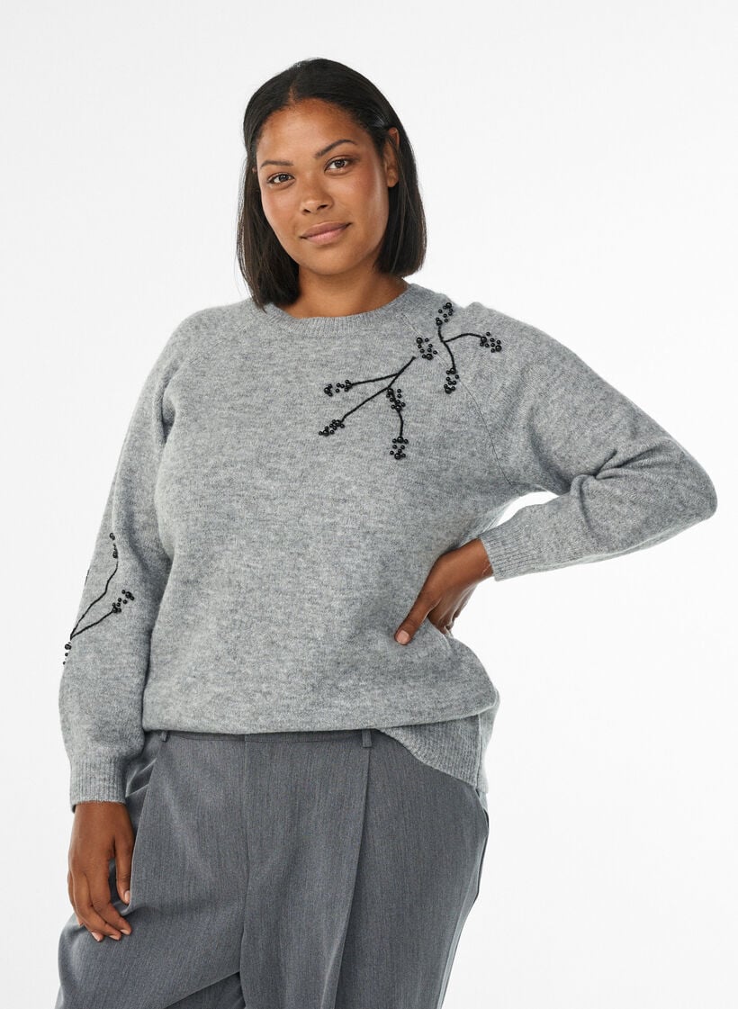 Pull brod&eacute; de perles, Gris, Model image number 0