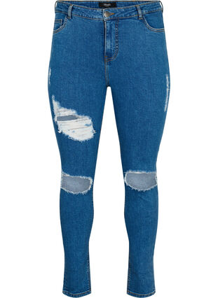 Strakke jeans met slijtagedetails, Blue denim, Packshot image number 0