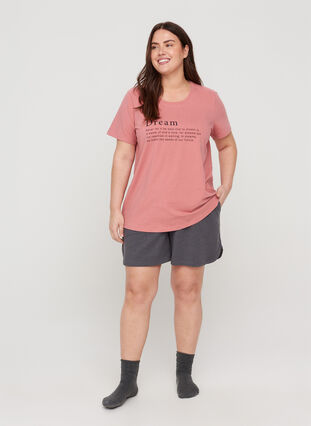Pyjama-shirt met korte mouwen en print, Dusty Rose Mélange, Model image number 2