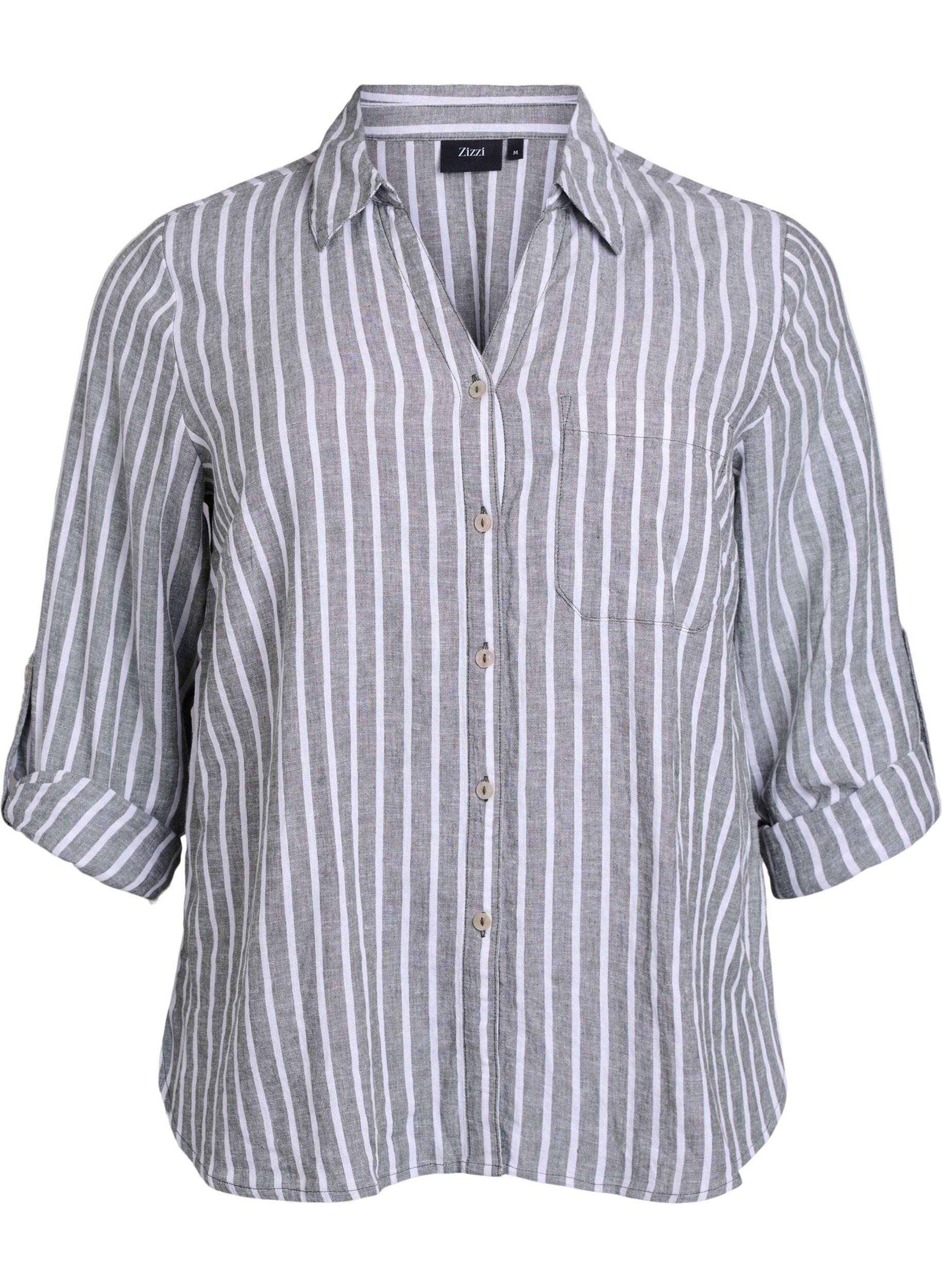 ZizziLinnen en viscose shirt met 3/4 mouwen, Groen, Packshot image number 0