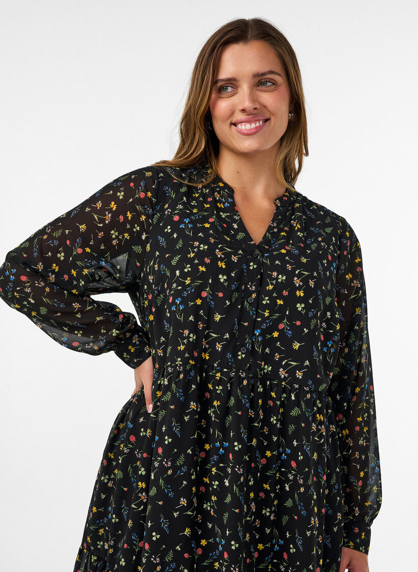 Robe &agrave; imprim&eacute; int&eacute;gral et volant superpos&eacute;, Noir, Model image number 2