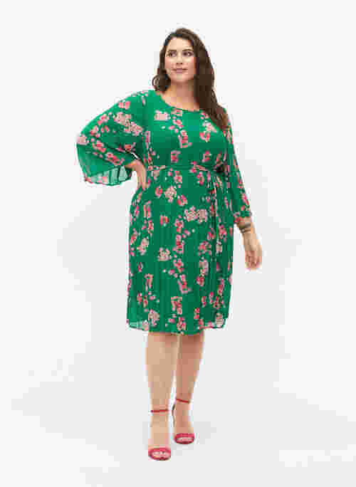 Bedrukte geplooide jurk met bindband, Jolly Green Flower, Model