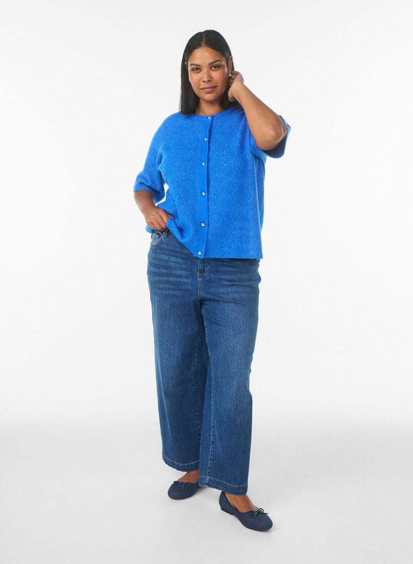 Cardigan en maille &agrave; manches courtes avec boutons boule brillants, Bleu Clair, Model image number 1