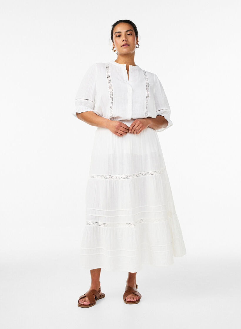 Jupe midi &agrave; coupe &eacute;vas&eacute;e en mousseline de coton avec bande en crochet, Blanc, Model image number 0