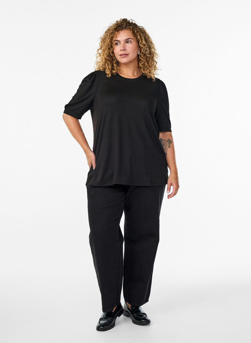Blouse met knoopdetail en korte pofmouwen, Zwart, Model image number 1