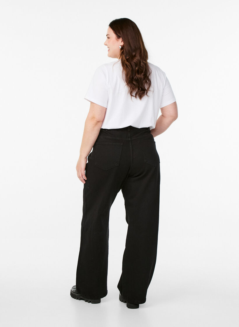 Jeans met wijde pijpen en hoge taille, Zwart, Model image number 1