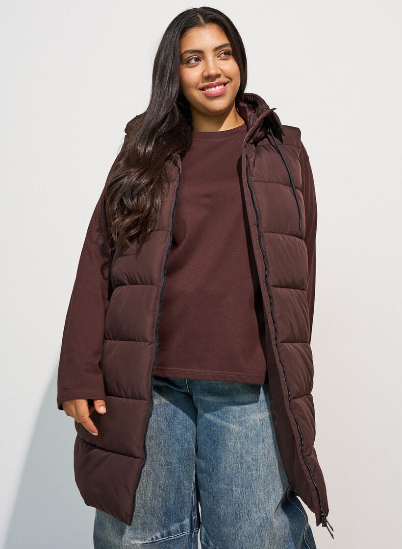 Lange vest met capuchon en zakken, Bruin, Model image number 2