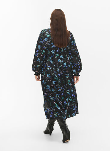 Midi-jurk met lange mouwen en bloemenprint, Blue Flower AOP, Model image number 1