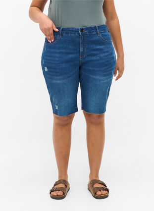 Short en jean avec poches et ourlet brut, Blue denim, Model image number 2