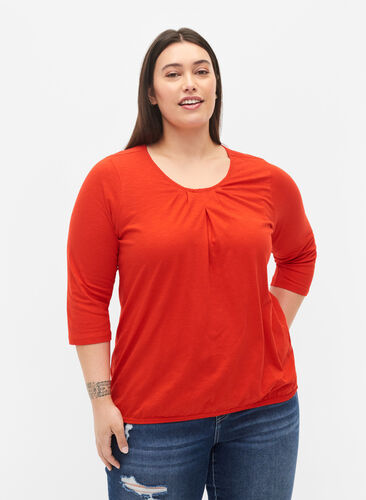 Katoenen blouse met 3/4 mouwen, Fiery Red, Model image number 0