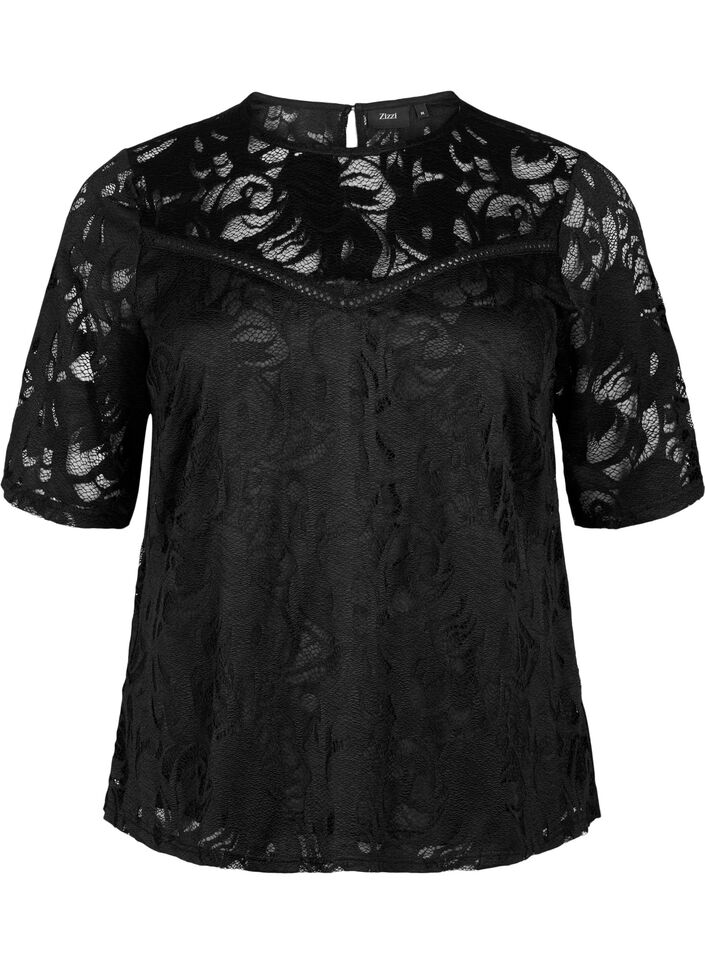 Kanten blouse met korte mouwen, Black, Packshot image number 0