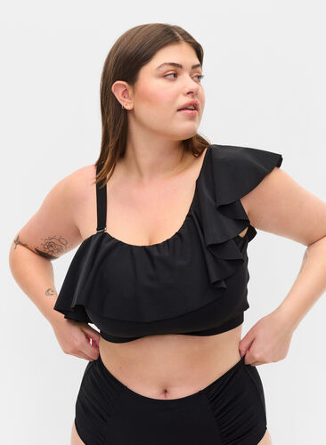One-shoulder bikinitop met ruches, Black, Model image number 0