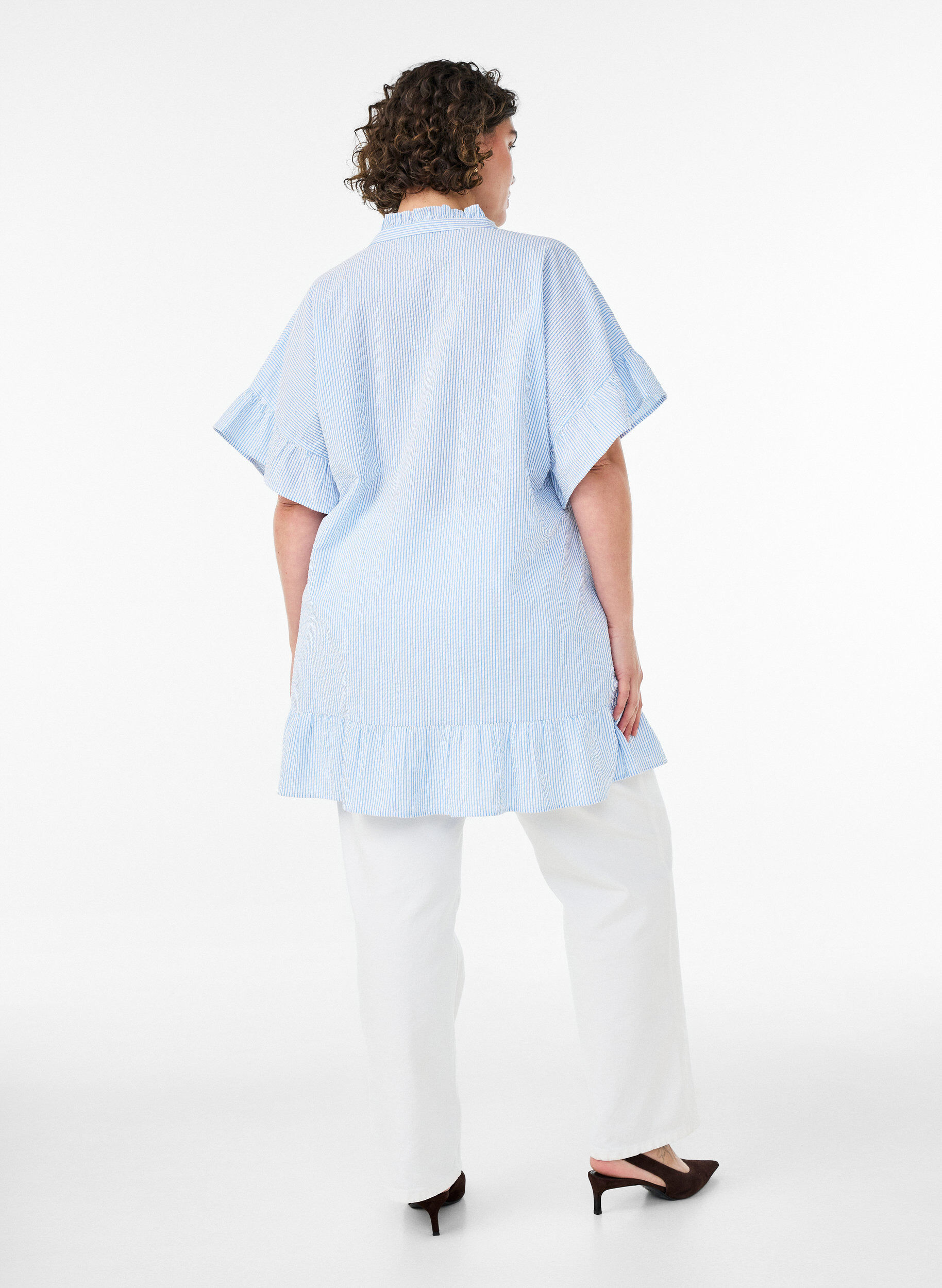 ZizziTunique en coton &agrave; rayures et avec volants, Bleu Clair, Model image number 2