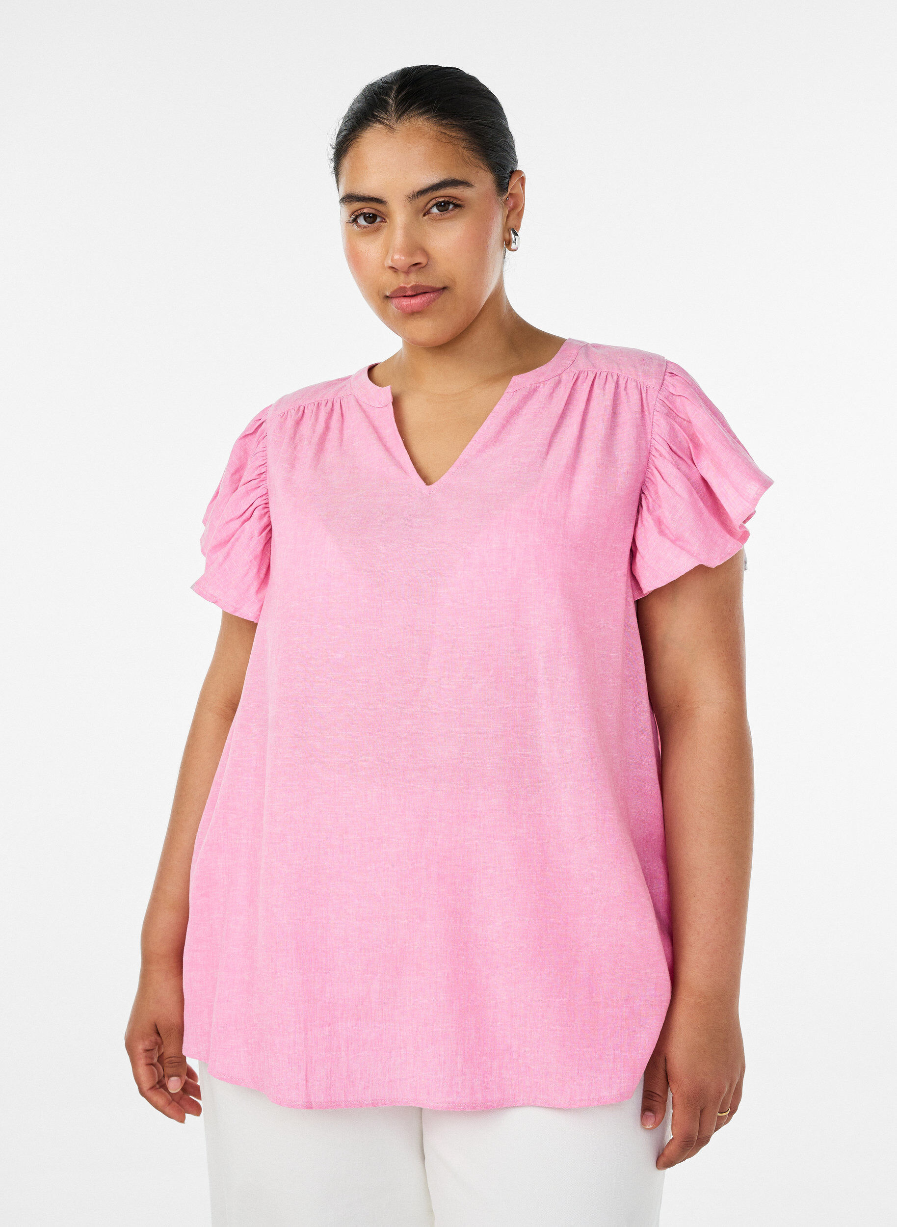 ZizziBlouse en viscose et lin avec manches &agrave; volants, Rose, Model image number 0