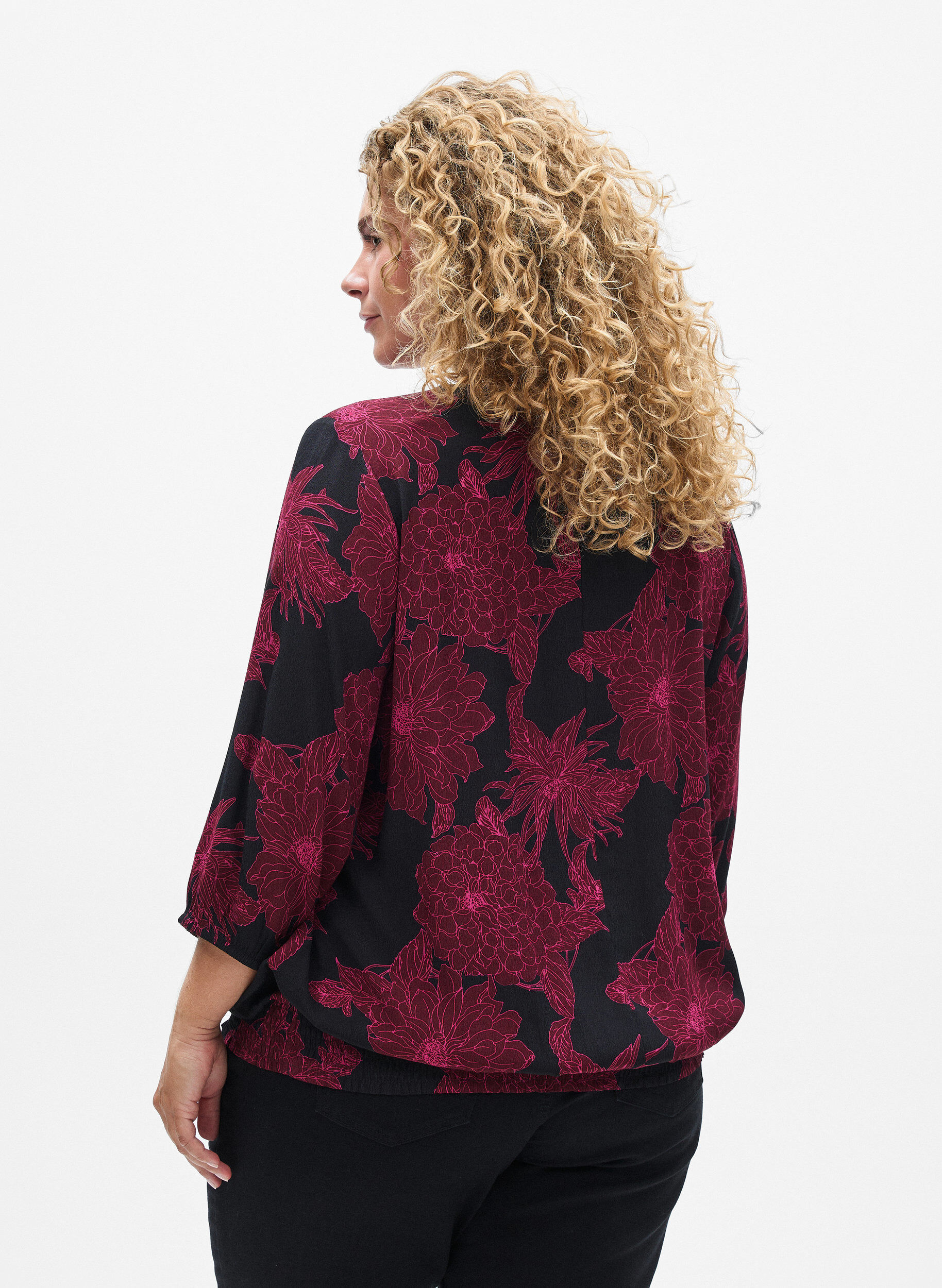ZizziBlouse en viscose &agrave; imprim&eacute; floral et smocks, Bordeaux fonc&eacute;, Model image number 2