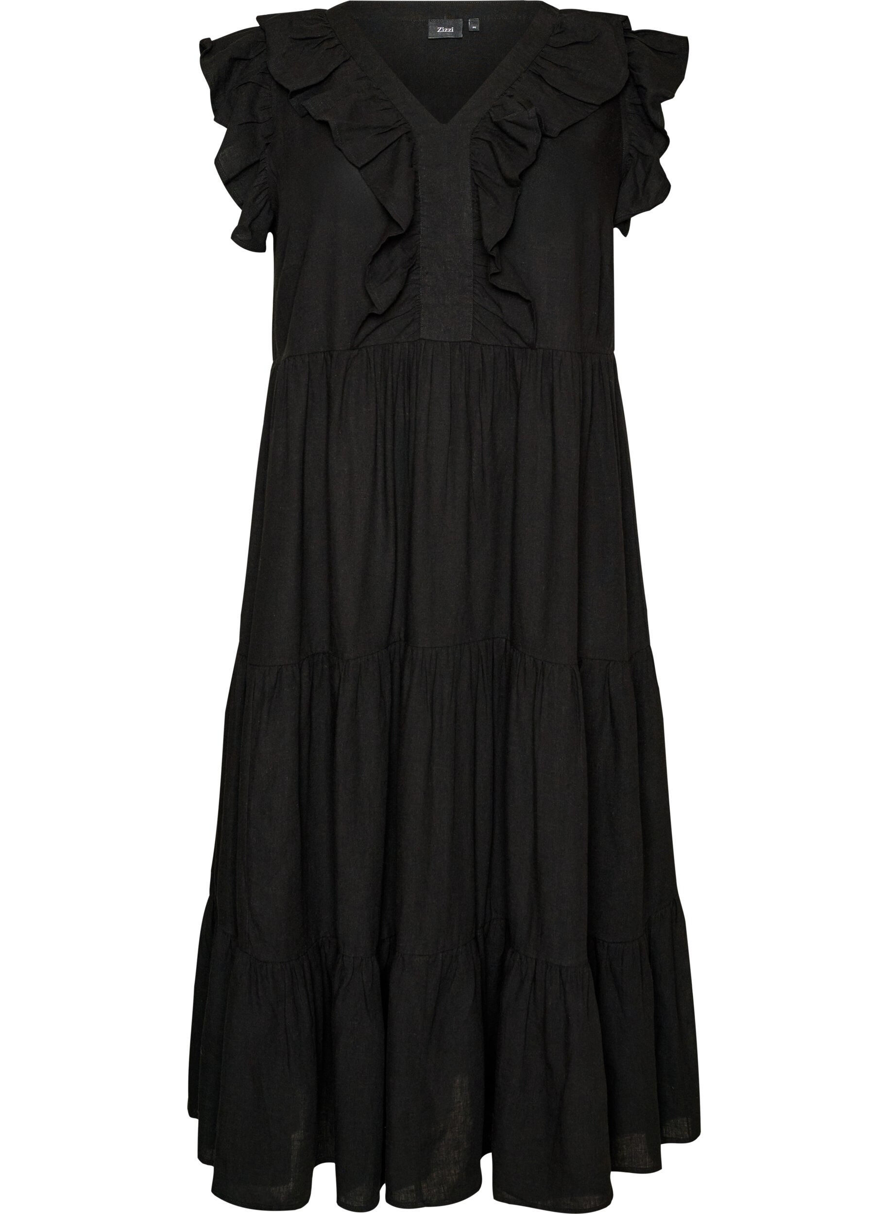 Mouwloze midi jurk in linnen en viscose met ruches